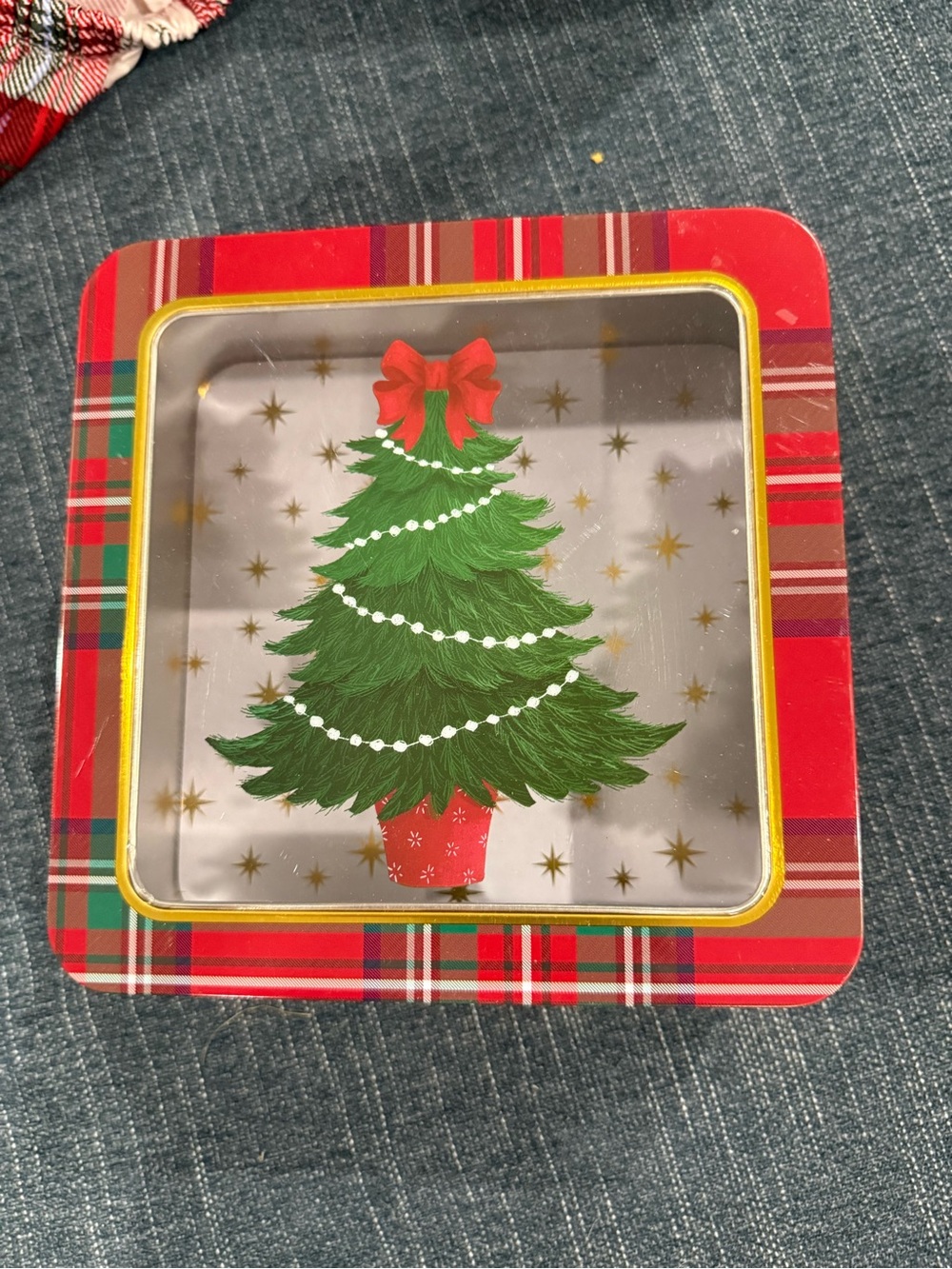 Holiday Plaid Tin with Christmas Tree Design - Red/Green